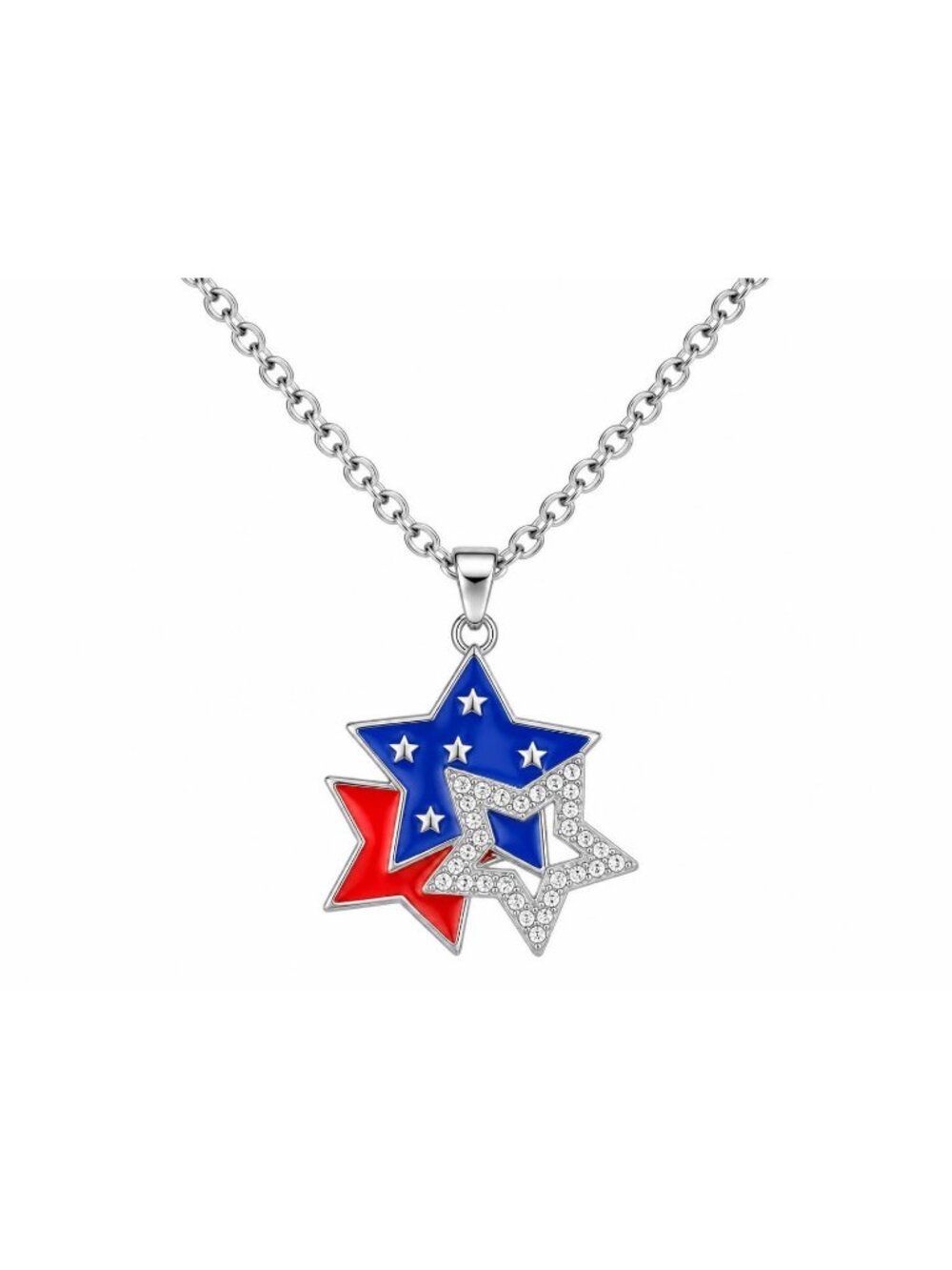 Patriotic Red White and Blue Layered Star Pendant Necklace with Rhinestones